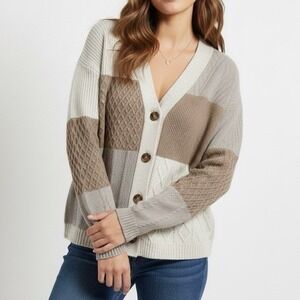 J. Jill Patchwork Cable Knit Cardigan Womens XS Neutral Brown Cozy Cottagecore
